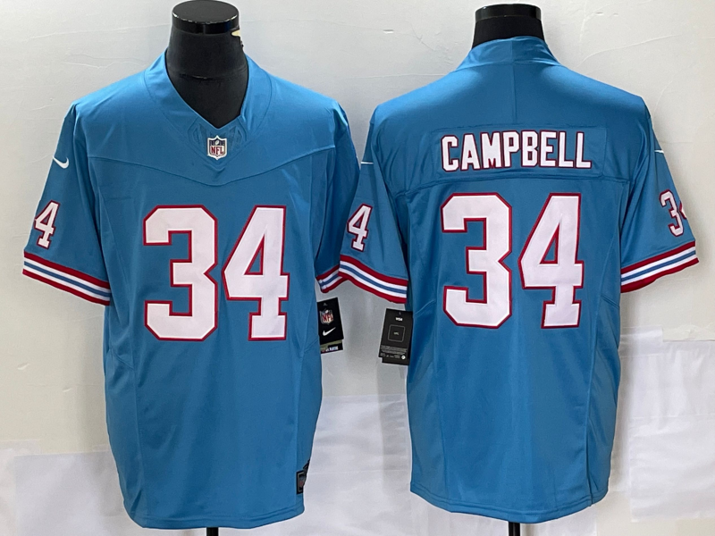 Men's Tennessee Titans Earl Campbell #34 Light Blue Oilers Throwback Retired Jersey